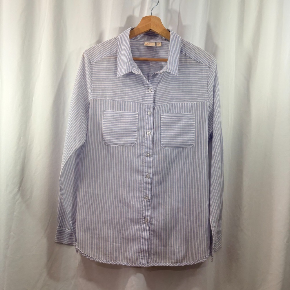 Ace Delivery Cotton‎ Button Up Blouse, White, Light Blue & Red Stripes, Size L
